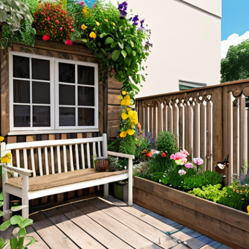 Home 4 ** A small urban garden in a backyard or balcony, filled with colorful flowers and herbs, attracting bees and butterflies. Show the positive impact on both the garden and surrounding plants.
**