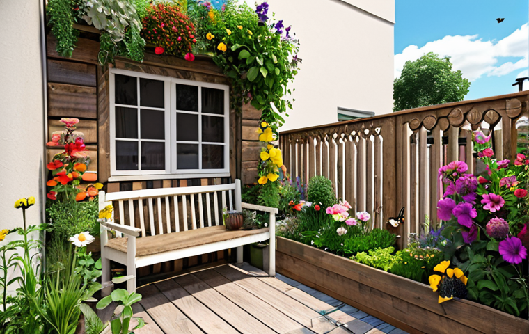 ** A small urban garden in a backyard or balcony, filled with colorful flowers and herbs, attracting bees and butterflies. Show the positive impact on both the garden and surrounding plants.
**