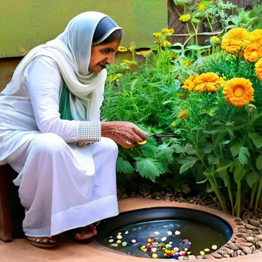 수분매개자 보존을 위한 지역 사회의 역할 - **A Serene Home Garden and Intergenerational Learning**: A vibrant, sun-drenched Pakistani home gard...