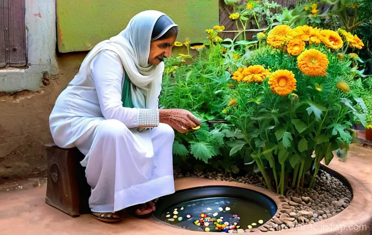수분매개자 보존을 위한 지역 사회의 역할 - **A Serene Home Garden and Intergenerational Learning**: A vibrant, sun-drenched Pakistani home gard...