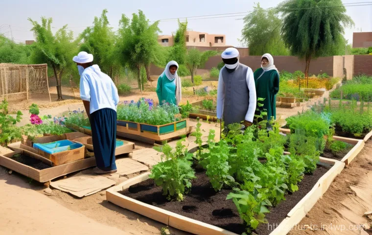 수분매개자 보존을 위한 지역 사회의 역할 - **A Serene Home Garden and Intergenerational Learning**: A vibrant, sun-drenched Pakistani home gard...