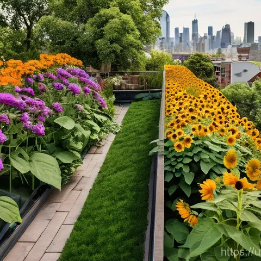 도시 내 수분매개자 관리 방안 - **Vibrant Urban Pollinator Haven:** A breathtaking, sun-drenched close-up of a diverse urban garden ...