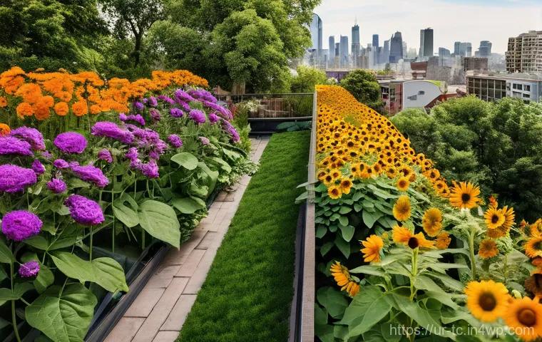도시 내 수분매개자 관리 방안 - **Vibrant Urban Pollinator Haven:** A breathtaking, sun-drenched close-up of a diverse urban garden ...