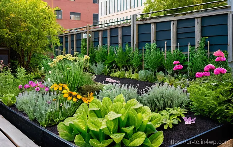 도시 내 수분매개자 관리 방안 - **Vibrant Urban Pollinator Haven:** A breathtaking, sun-drenched close-up of a diverse urban garden ...