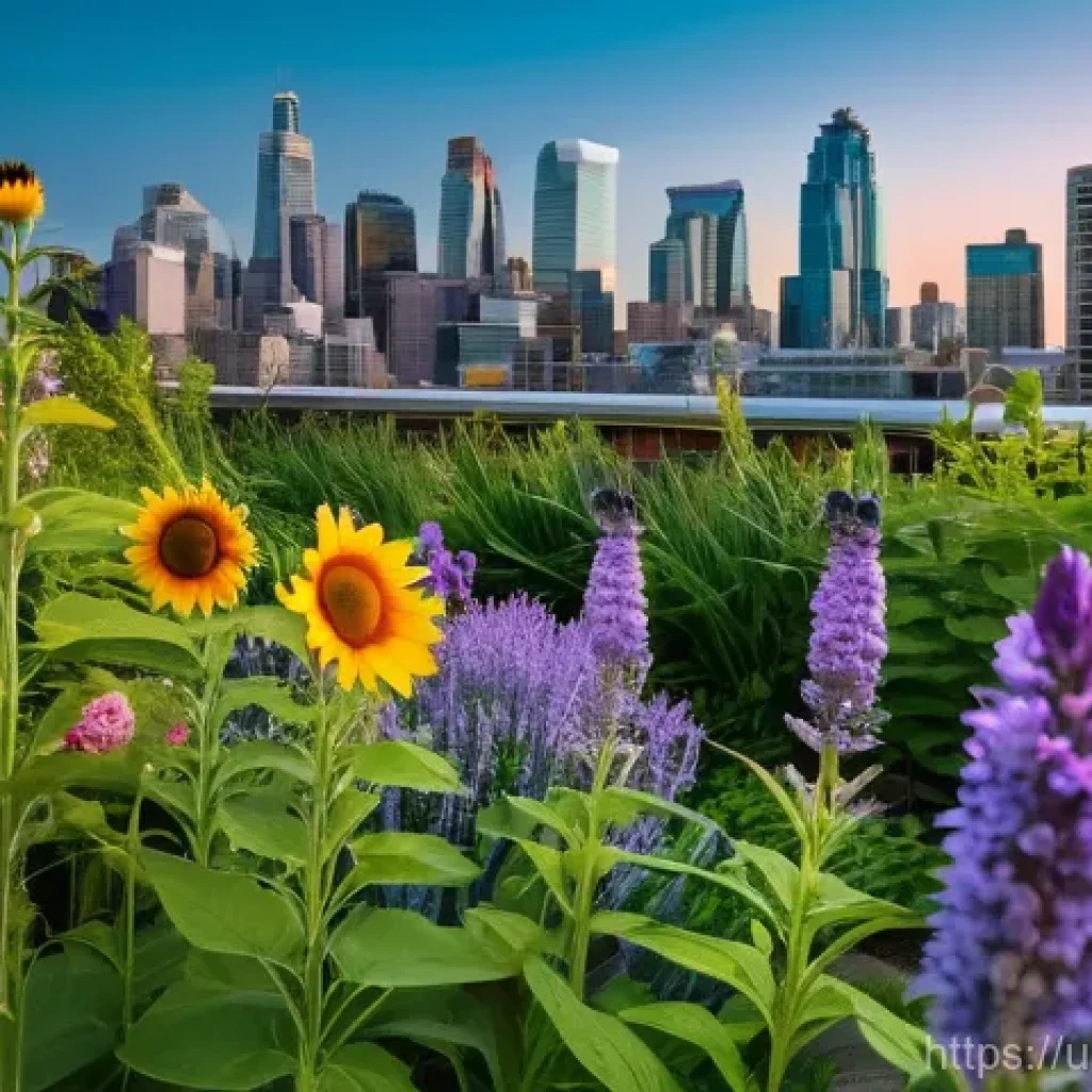 도시 수분매개자 지원을 위한 국제 협력 사례 - **Urban Oasis for Pollinators:** A vibrant, bustling cityscape at eye-level with modern skyscrapers ...