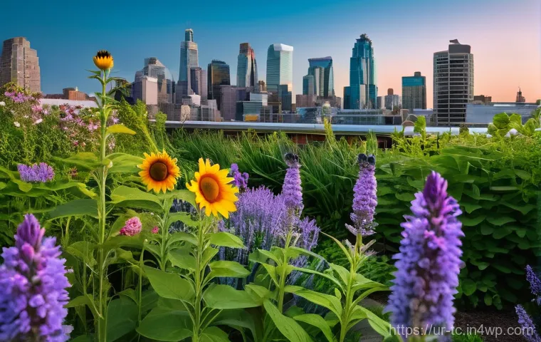 도시 수분매개자 지원을 위한 국제 협력 사례 - **Urban Oasis for Pollinators:** A vibrant, bustling cityscape at eye-level with modern skyscrapers ...