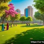 Home 22 도시 환경 개선과 수분매개자 지원의 통합적 접근 - A vibrant urban park scene in a bustling Pakistani city with lush green trees and flowering gardens,...