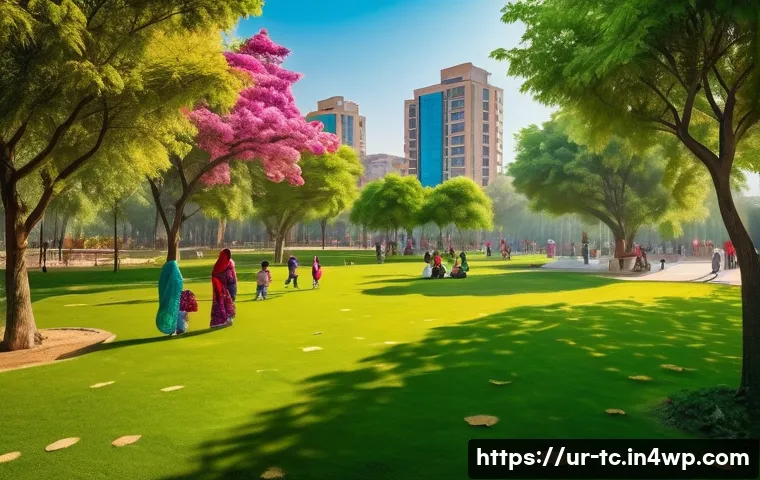 도시 환경 개선과 수분매개자 지원의 통합적 접근 - A vibrant urban park scene in a bustling Pakistani city with lush green trees and flowering gardens,...