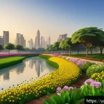 Home 19 도시 내 수분매개자 생태계 서비스 분석 - A vibrant urban park scene at dawn, featuring butterflies and flies actively transferring water drop...