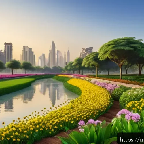 Home 31 도시 내 수분매개자 생태계 서비스 분석 - A vibrant urban park scene at dawn, featuring butterflies and flies actively transferring water drop...