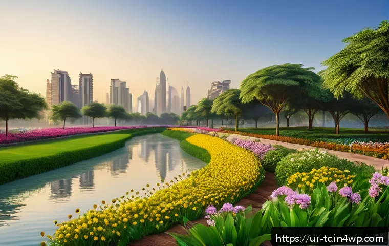 도시 내 수분매개자 생태계 서비스 분석 - A vibrant urban park scene at dawn, featuring butterflies and flies actively transferring water drop...