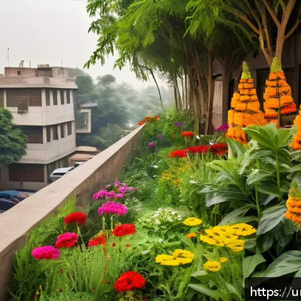 도시 내 수분매개자 생태적 역할 - A vibrant urban garden scene in a Pakistani city, showing diverse insects like bees and butterflies ...