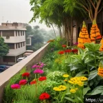 Home 18 도시 내 수분매개자 생태적 역할 - A vibrant urban garden scene in a Pakistani city, showing diverse insects like bees and butterflies ...