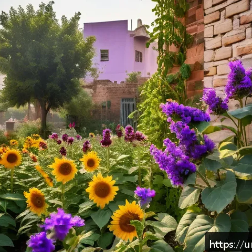 도시 생태계와 수분매개자 관계 연구 - A vibrant urban garden scene in a Pakistani neighborhood at mid-morning, featuring colorful lavender...