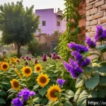 Home 23 도시 생태계와 수분매개자 관계 연구 - A vibrant urban garden scene in a Pakistani neighborhood at mid-morning, featuring colorful lavender...