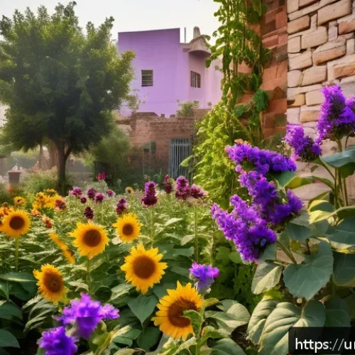 Home 17 도시 생태계와 수분매개자 관계 연구 - A vibrant urban garden scene in a Pakistani neighborhood at mid-morning, featuring colorful lavender...
