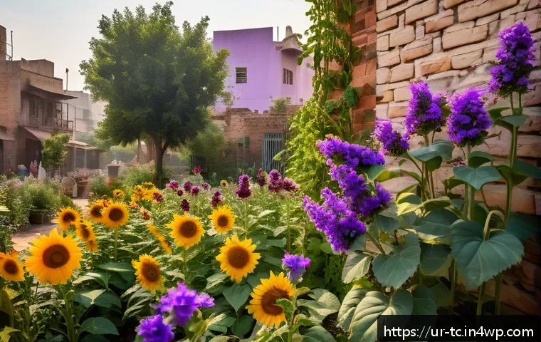 도시 생태계와 수분매개자 관계 연구 - A vibrant urban garden scene in a Pakistani neighborhood at mid-morning, featuring colorful lavender...