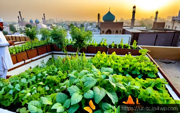 Home 17 도시 내 수분매개자와 농업의 상호작용 - Photorealistic rooftop vegetable garden in a dense Pakistani city, honeybees and colorful butterflie...